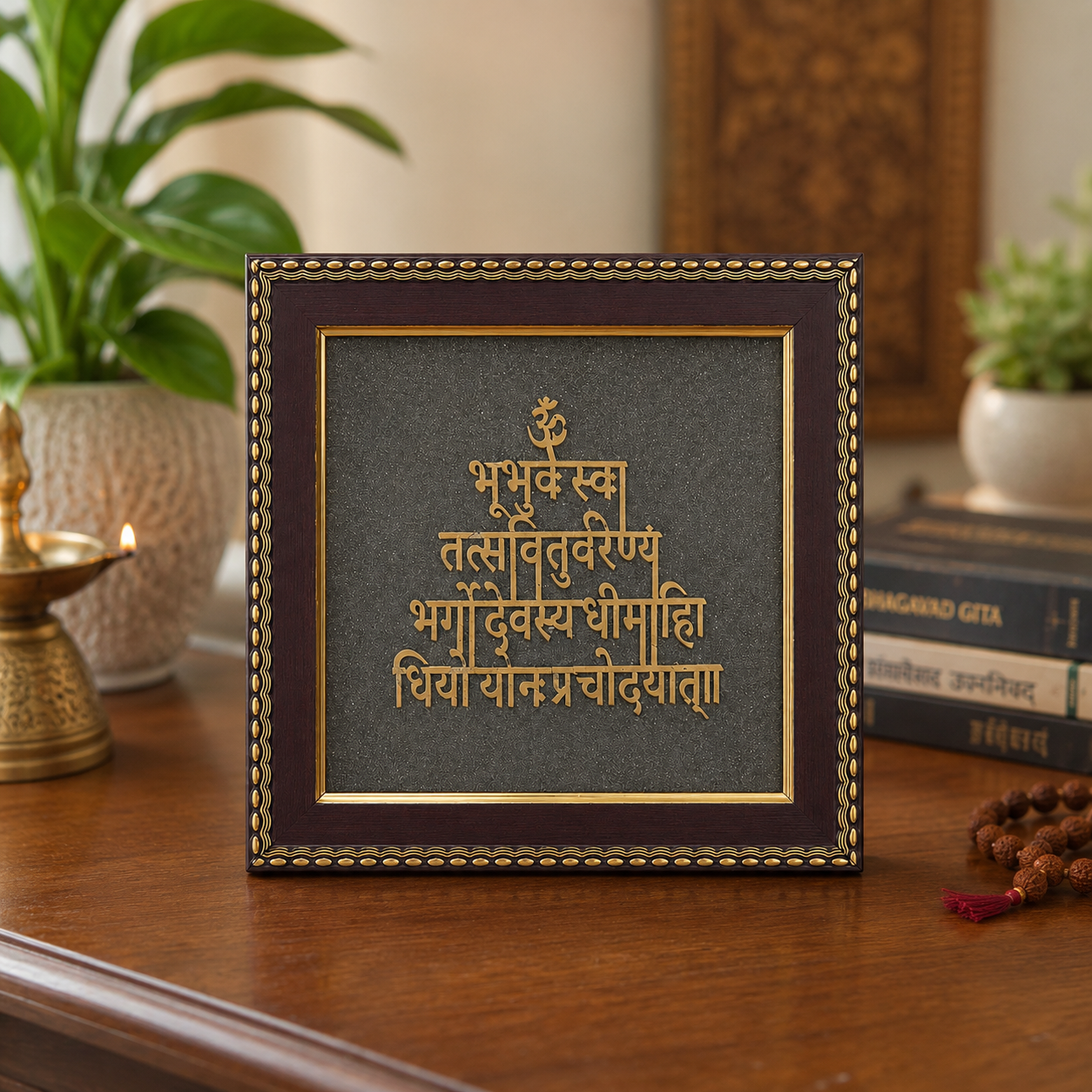 Premium Gayatri Mantra Pyrite Frame - Golden Engraved