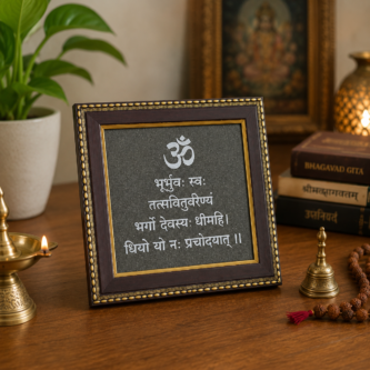 Premium Gayatri Mantra Pyrite Frame – Silver Engraved