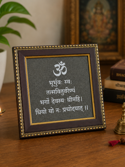 Premium Gayatri Mantra Pyrite Frame - Silver Engraved
